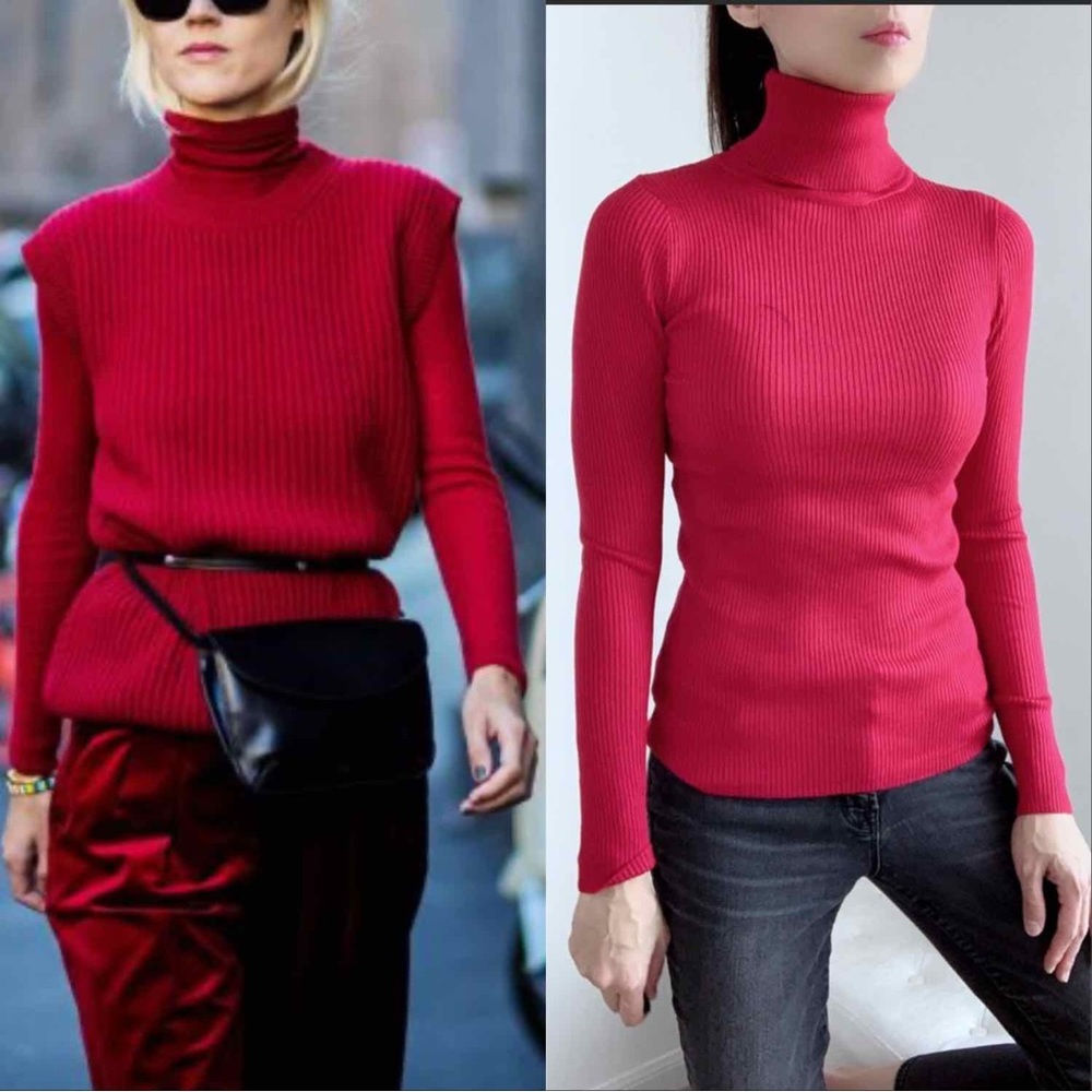 RED SLIM FIT RIBBED TURTLENECK TOP